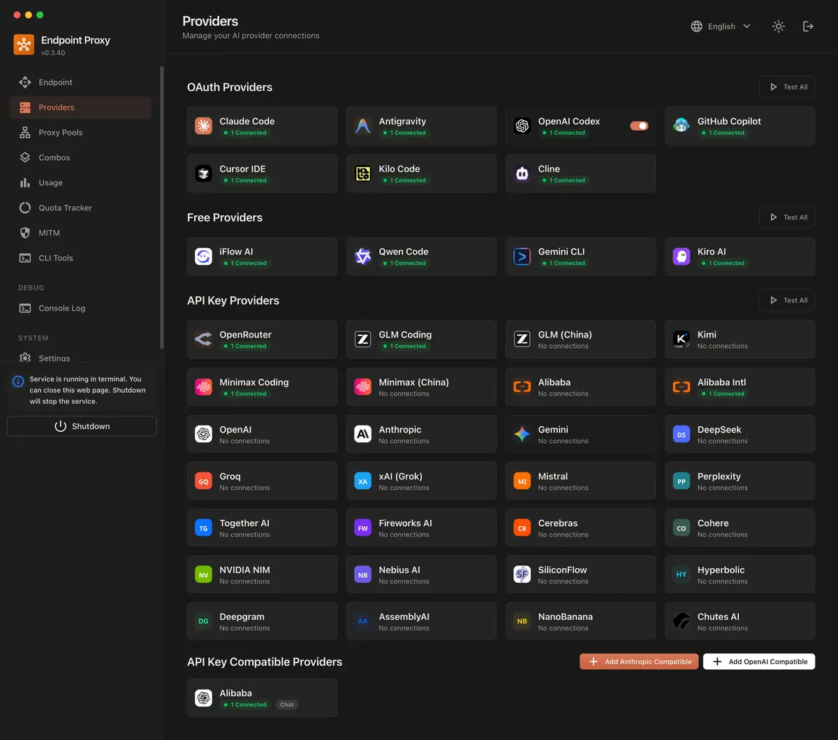 9Router local dashboard with providers, routing, and usage controls
